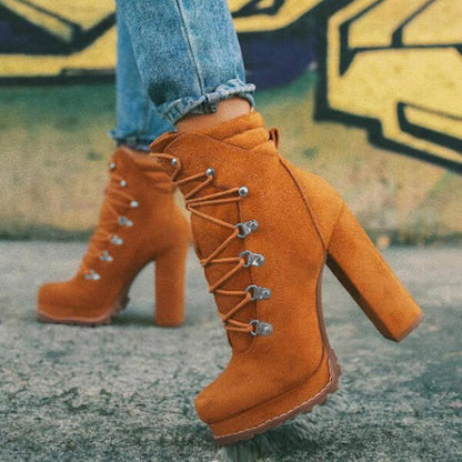 Women's Lace-Up Mid-Calf Heeled Boots – Stylish Round Toe High Heel Boots