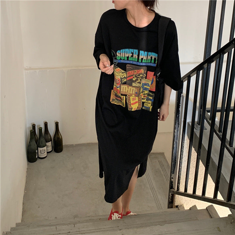 T-Shirt-Kleid mit Taschenkragen, Print und Schlitz