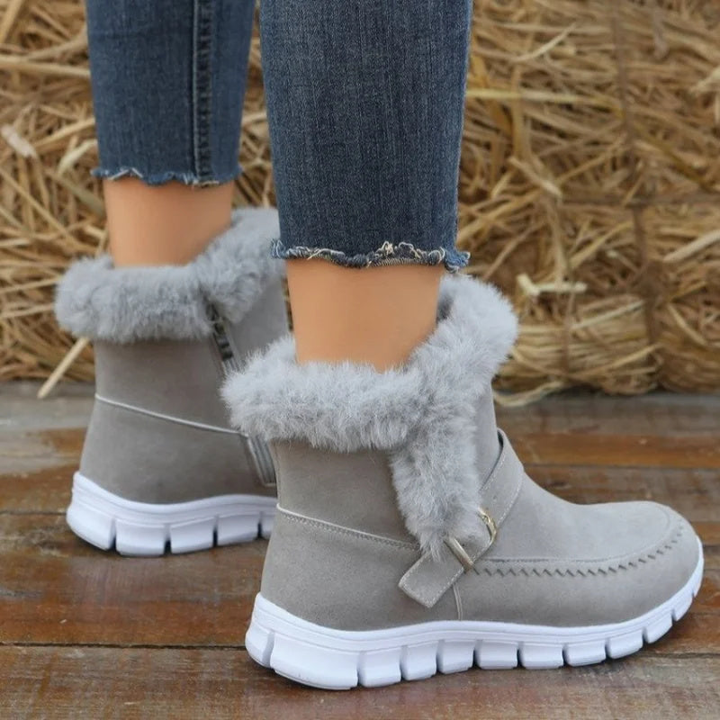 Women’s Winter Snow Boots - Warm Plush Ankle Boots with Buckle & Side Zipper