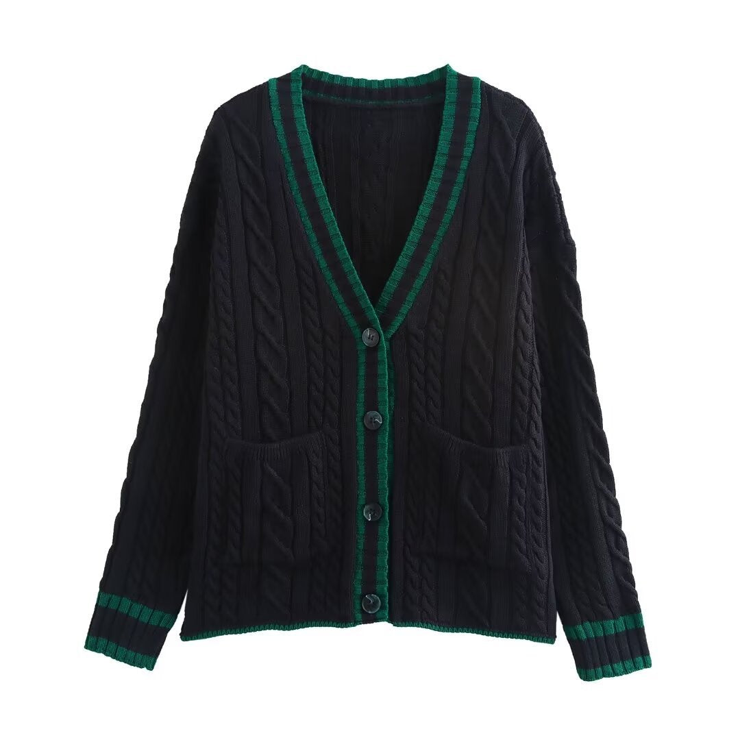 Shally  V-neck Twisted Flower Cardigan Knitted Coat