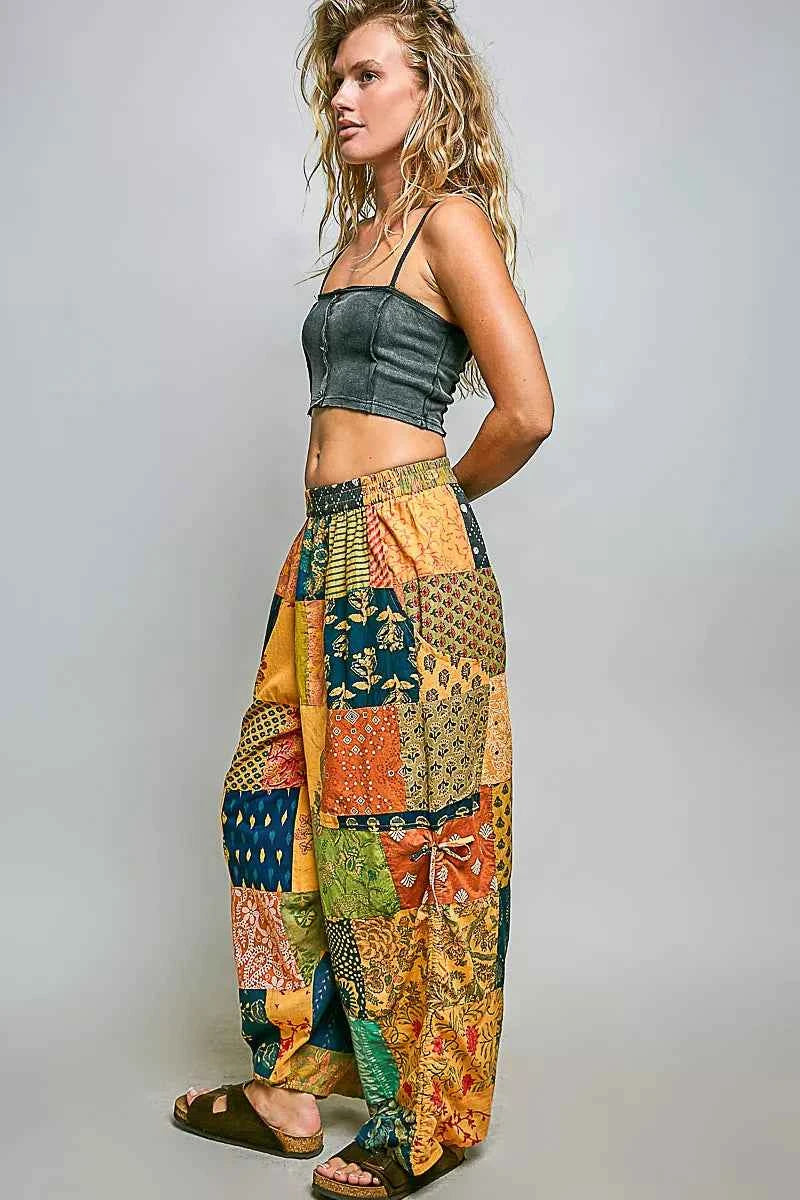 POL Printed Patchwork Wide Leg Pants with Adjustable Side Drawstring