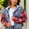 Jeansjacke mit offenem Saum und Kordelzug, kariert
