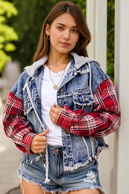 Jeansjacke mit offenem Saum und Kordelzug, kariert