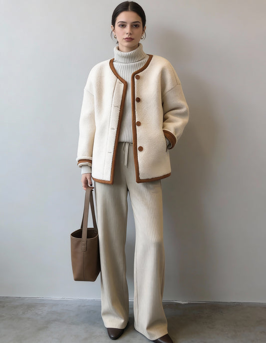 Mocha Wool   Fur Integrated Loose Top