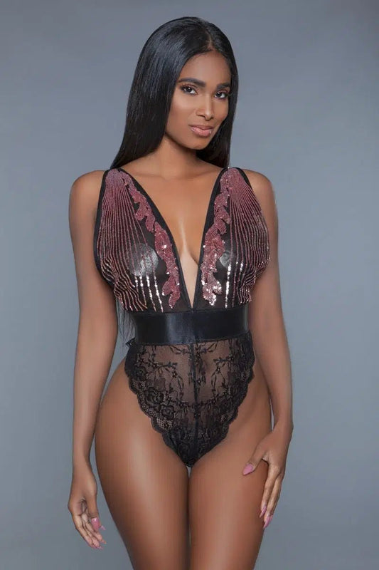 1 Pc. Cut - out Lace Bottoms With Raspberry - pink Sequins Plunging Sheer Neckline - Lustreve