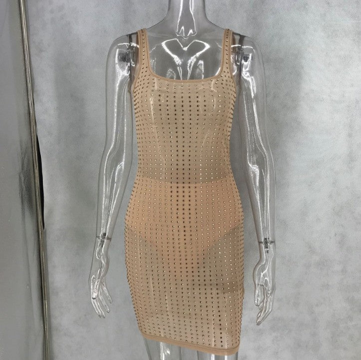 Crystal Dusk Hot Drilled Mesh Mini Vest Dress