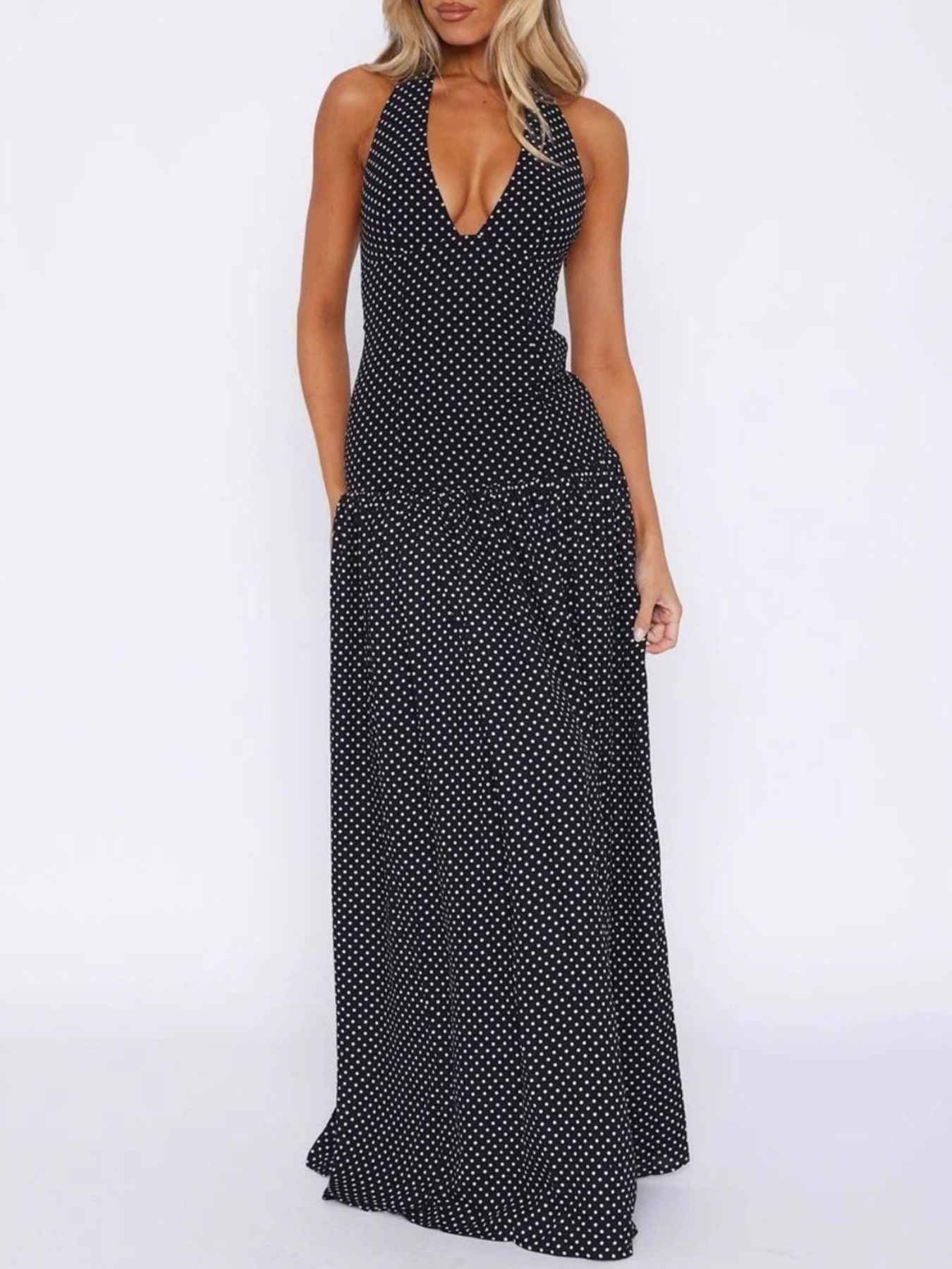 Polka Dot Halter Neck Maxi Dress