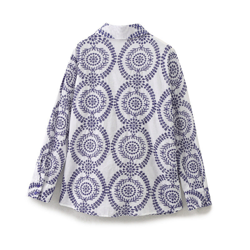 Ocean Embroidered Button-Up - Blue