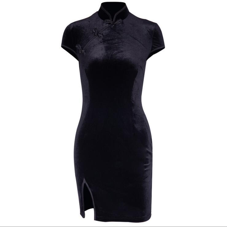Mini-robe cheongsam en velours Noir Dynasty