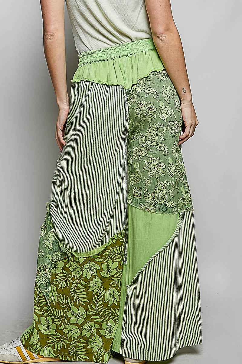 POL Striped Floral Patchwork Wide leg Pants with Side Big Star Patch