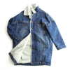 Blue denim jacket with white sherpa lining on a white background