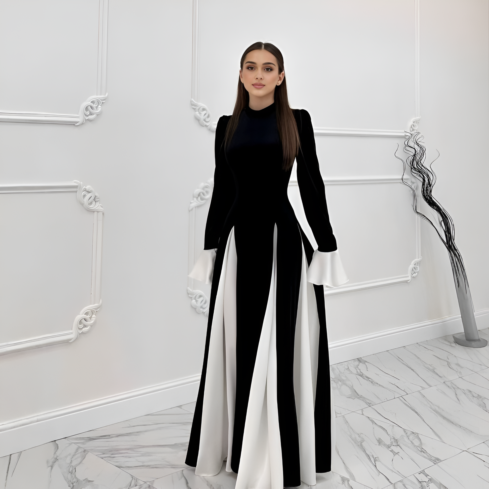Maxikleid mit elfenbeinfarbenem Saum – Elegante Schwarz-Weiß-Kontrastierung