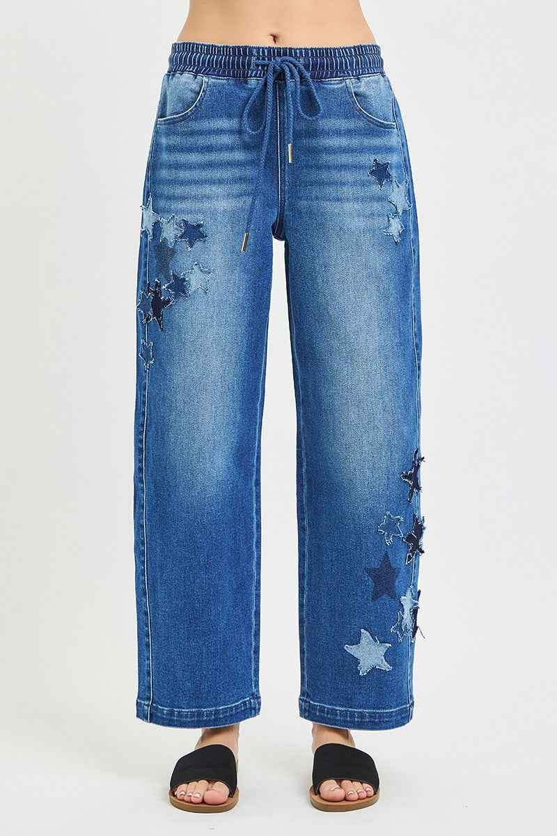 RISEN Elastic Band Slouchy Cropped Barrel with Star Patch