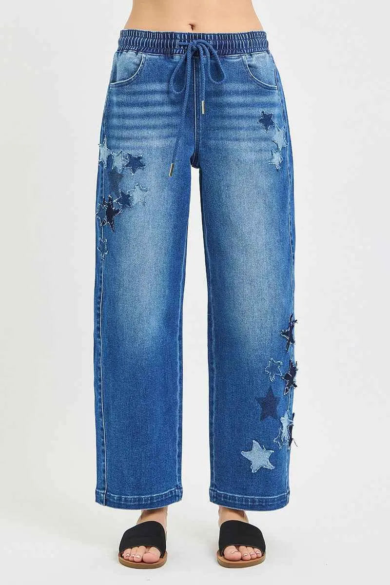 RISEN Elastic Band Slouchy Cropped Barrel with Star Patch