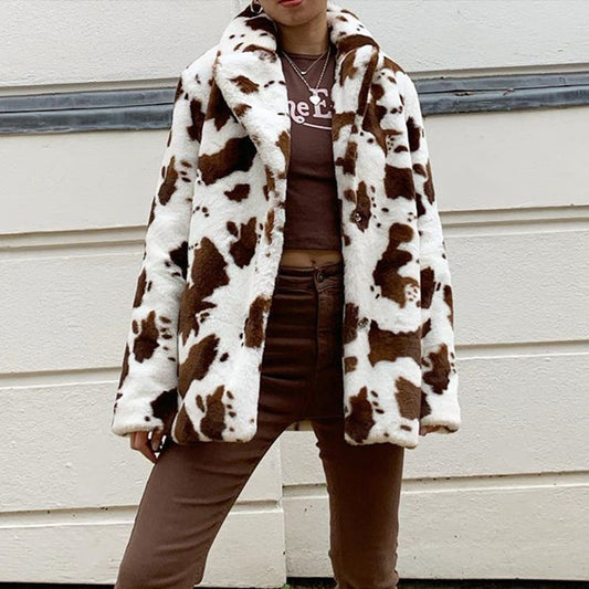 Cow Pattern Rabbit Fur  Coat