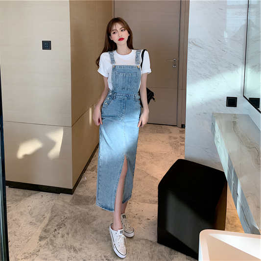 Mitternachtsmelodie – Vintage-Jeanskleid in A-Linie mit Schlitz