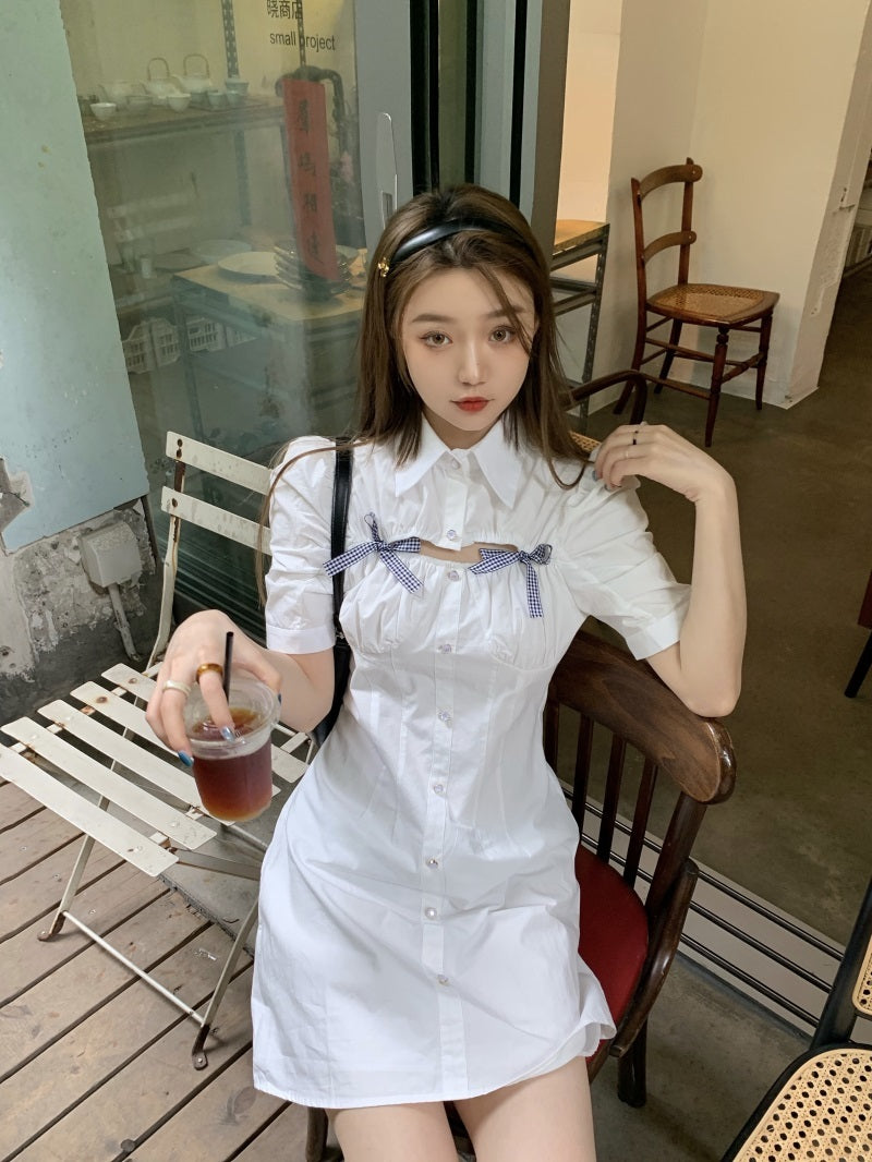 Robe chemise d'été ajourée avec nœud à bulles