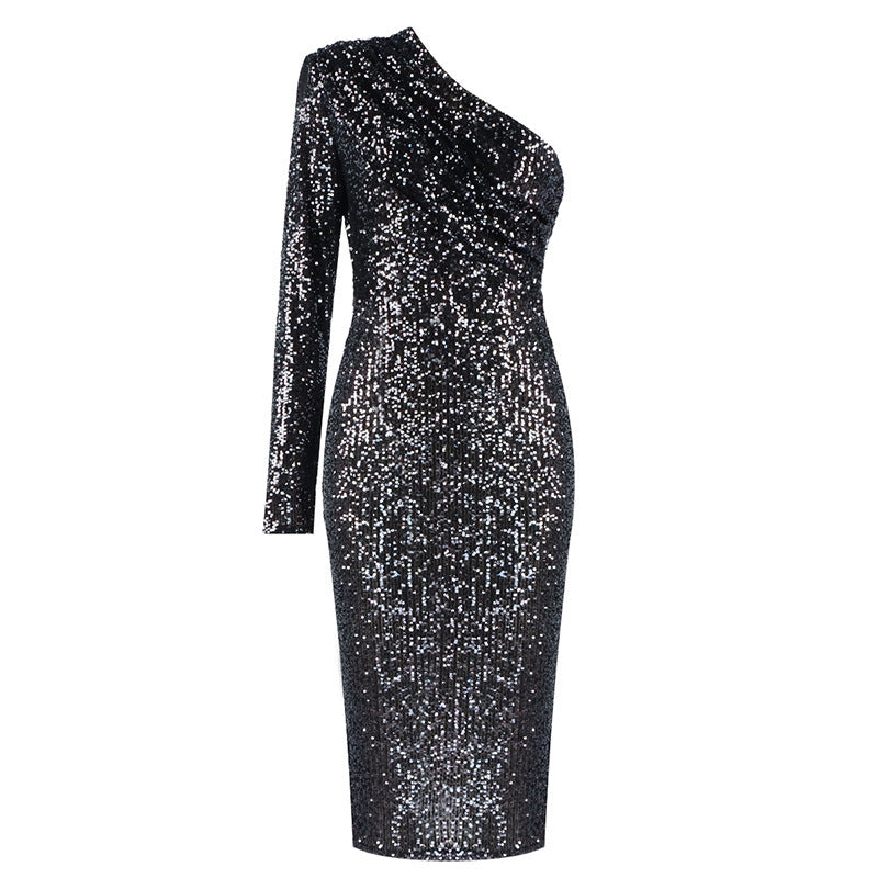 Robe mi-longue portefeuille à une épaule et sequins glamour