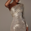 Robe mi-longue portefeuille à une épaule et sequins glamour