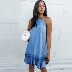 Aurelia Breeze – Distressed Halterneck Denim Dress"