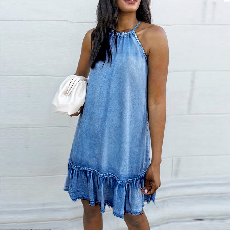 Aurelia Breeze – Distressed Halterneck Denim Dress"