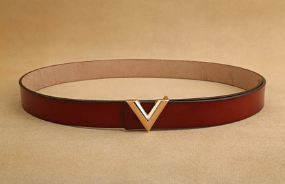 Women's Luxury Leather Belt – High-Quality Fashion Belt with Alloy V-Shaped Buckle