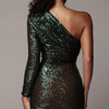 Robe mi-longue portefeuille à une épaule et sequins glamour