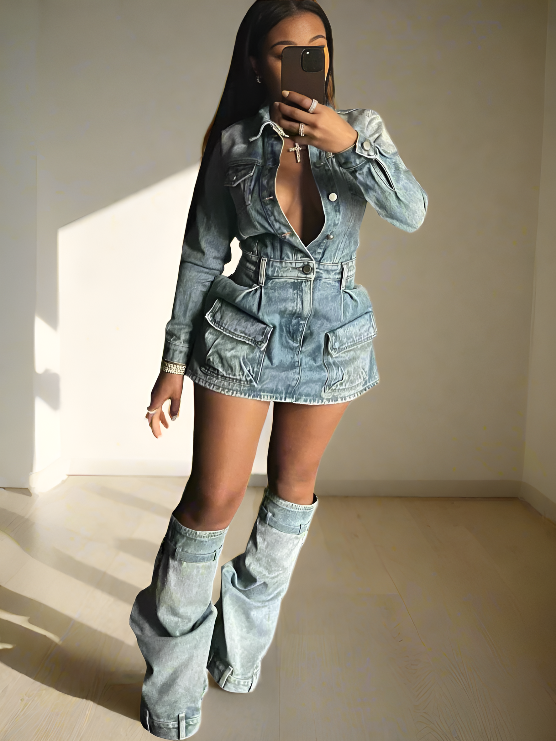 Chic Utility Washed Denim Dress