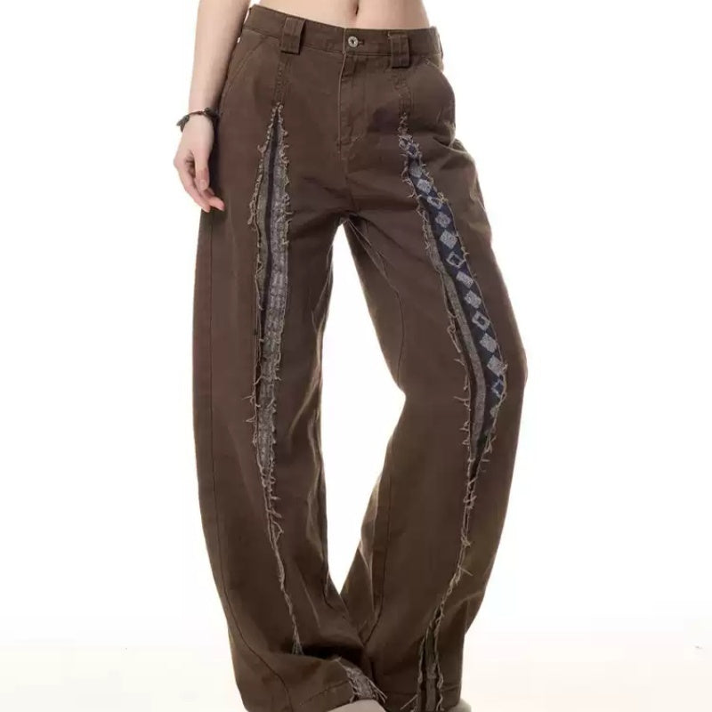Brown Bohemian Wide-Leg Patchwork Trousers