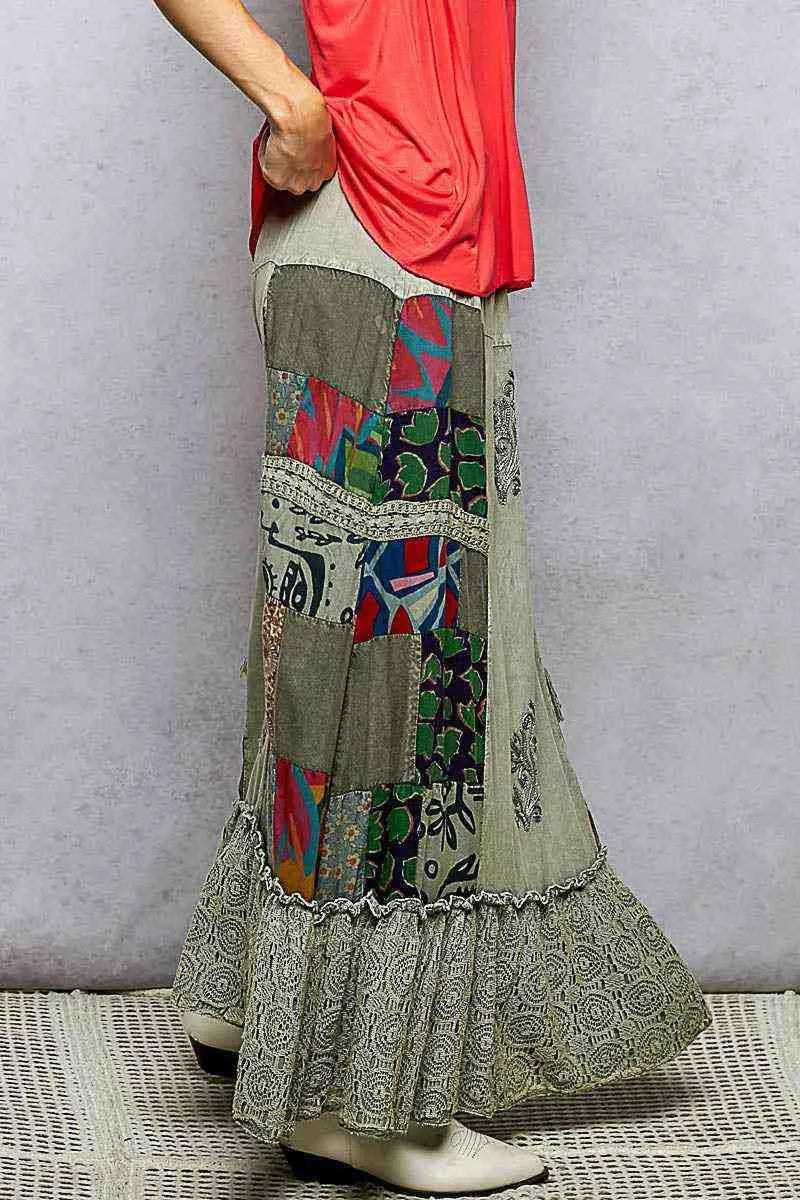 POL Printed Patchwork Embroidered Ruffled Skirt