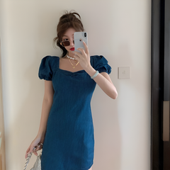 Revery Denim Charm Puff Sleeve Mini Dress