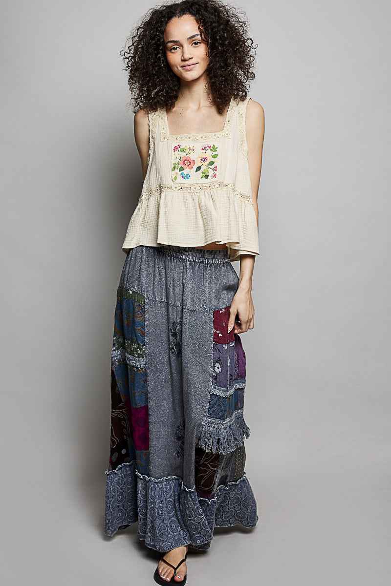 POL Printed Patchwork Embroidered Ruffled Skirt