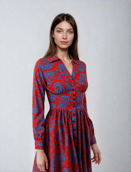 Morning Bloom Vintage Lapel A-Line Dress