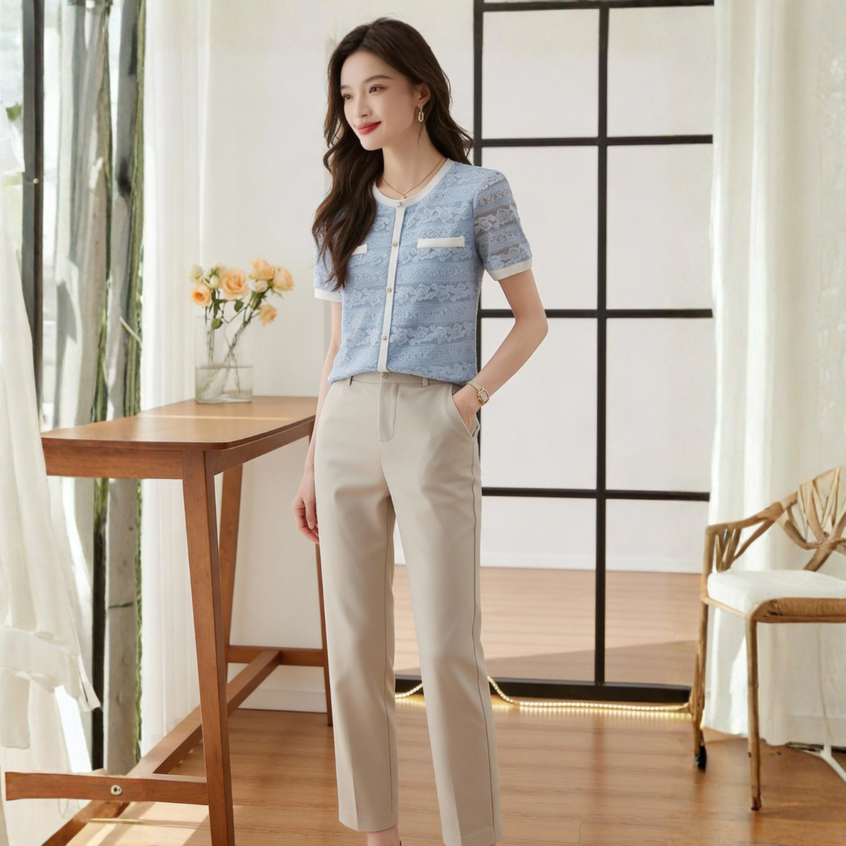 Blue Luxe Lace-Up Top