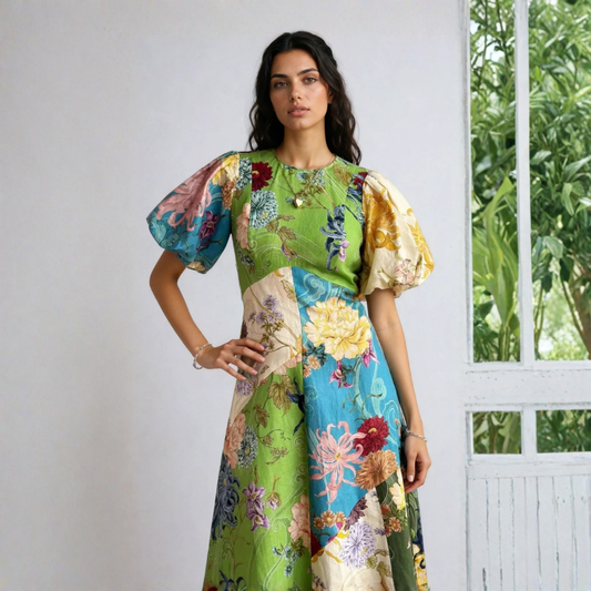 Helia Daydream Patchwork Puff Sleeve Dress