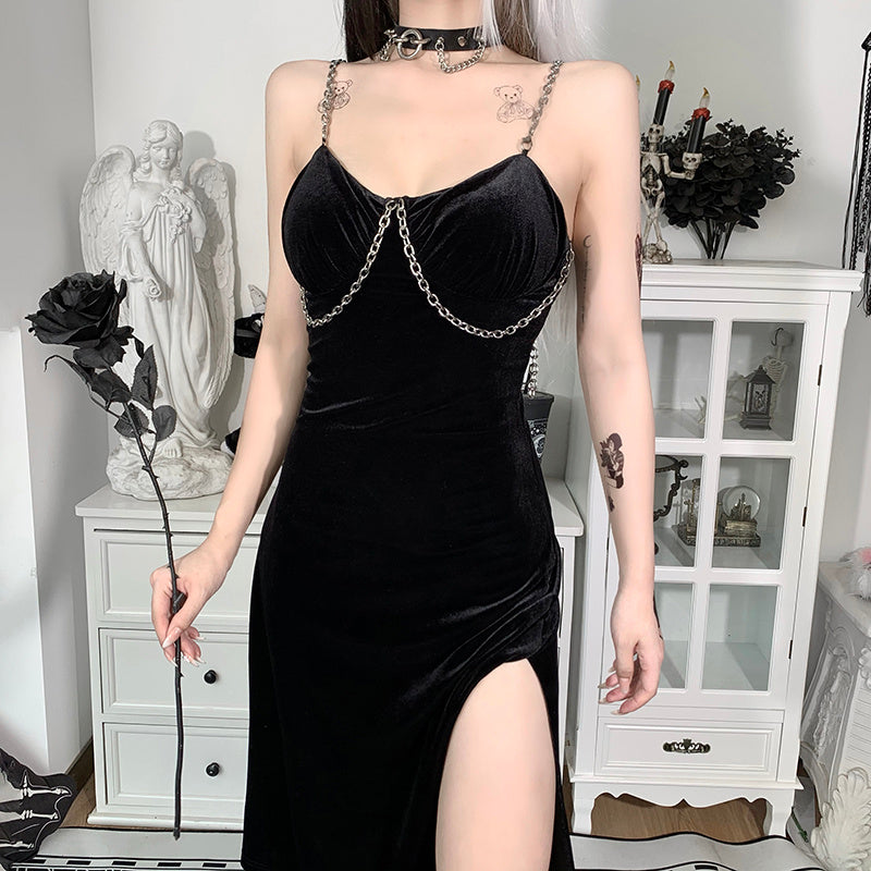 Robe fendue en velours Midnight Seduction Reverie – Noir