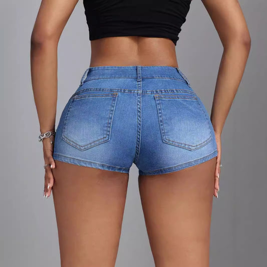 Beaded Mid-Rise Stretch Denim Shorts