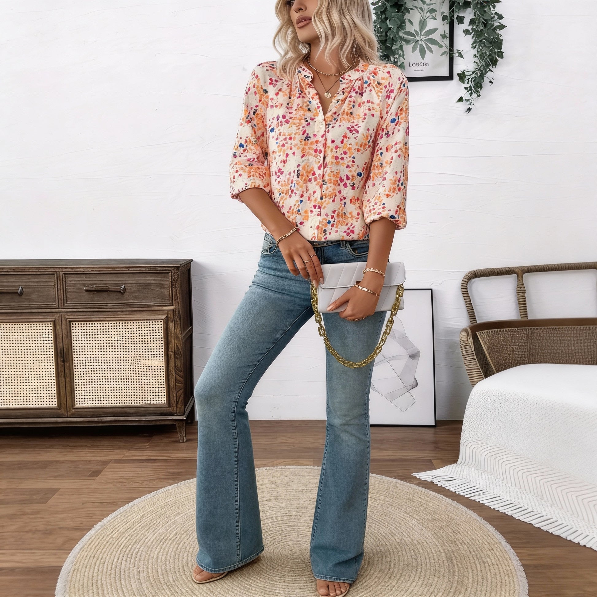 Chemise à col en V et manches lanternes fleuries