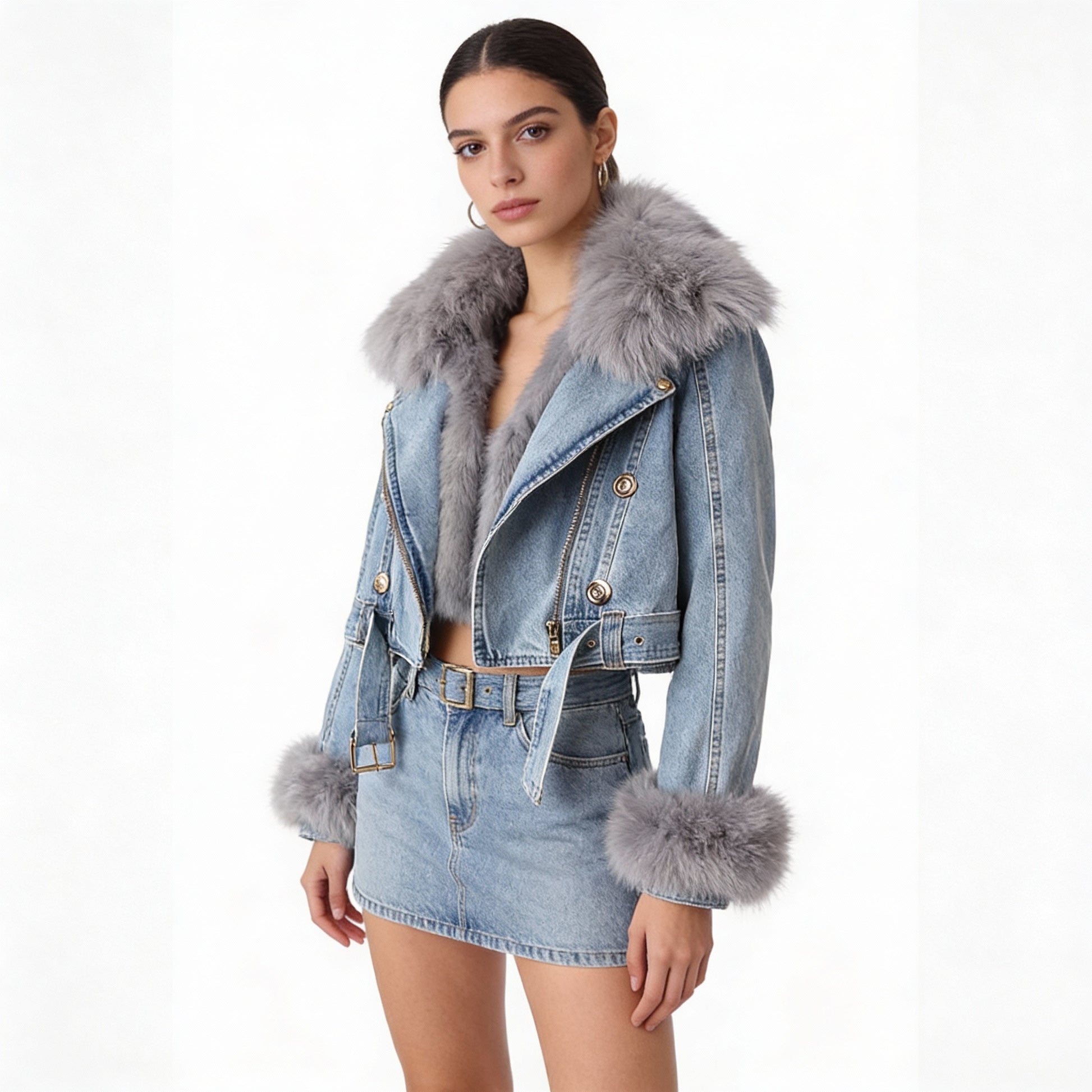 Detachable Fox Fur Rabbit Denim Coat