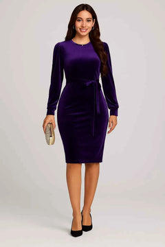 Round Neck Tie Waist Long Sleeve Velvet Dress