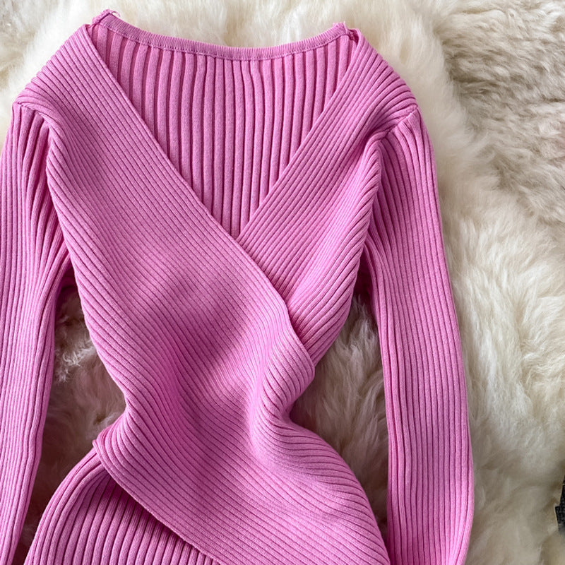 Robe trapèze rétro en tricot à col en V profond