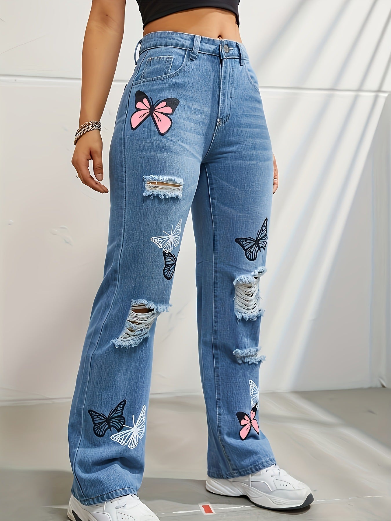 Pantalon en jean imprimé papillon Feel The Wind
