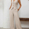 V-Neck Button Down Vest and Wide Leg Pants Set