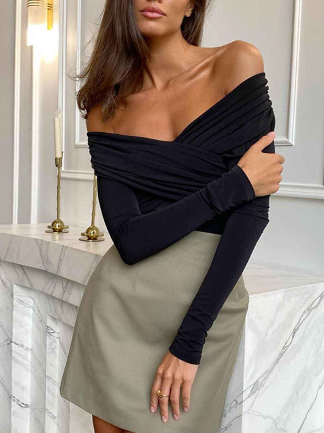 Off-Shoulder Ruched Long Sleeve Bodysuit