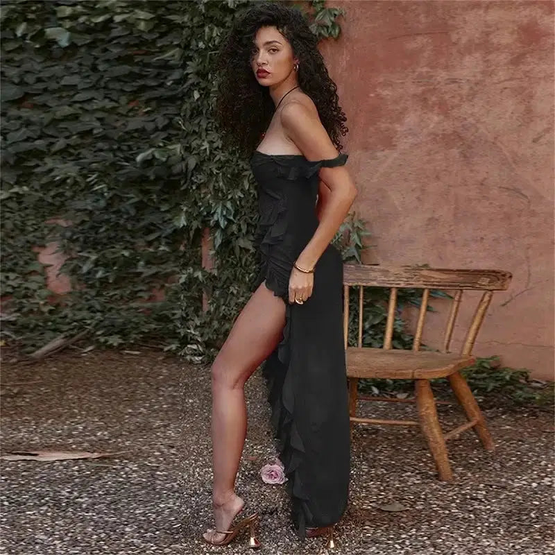 Elegant Off-Shoulder Evening Dress – Sexy Slit, Ruffle Detail, Club & Party Wear in Red & Black