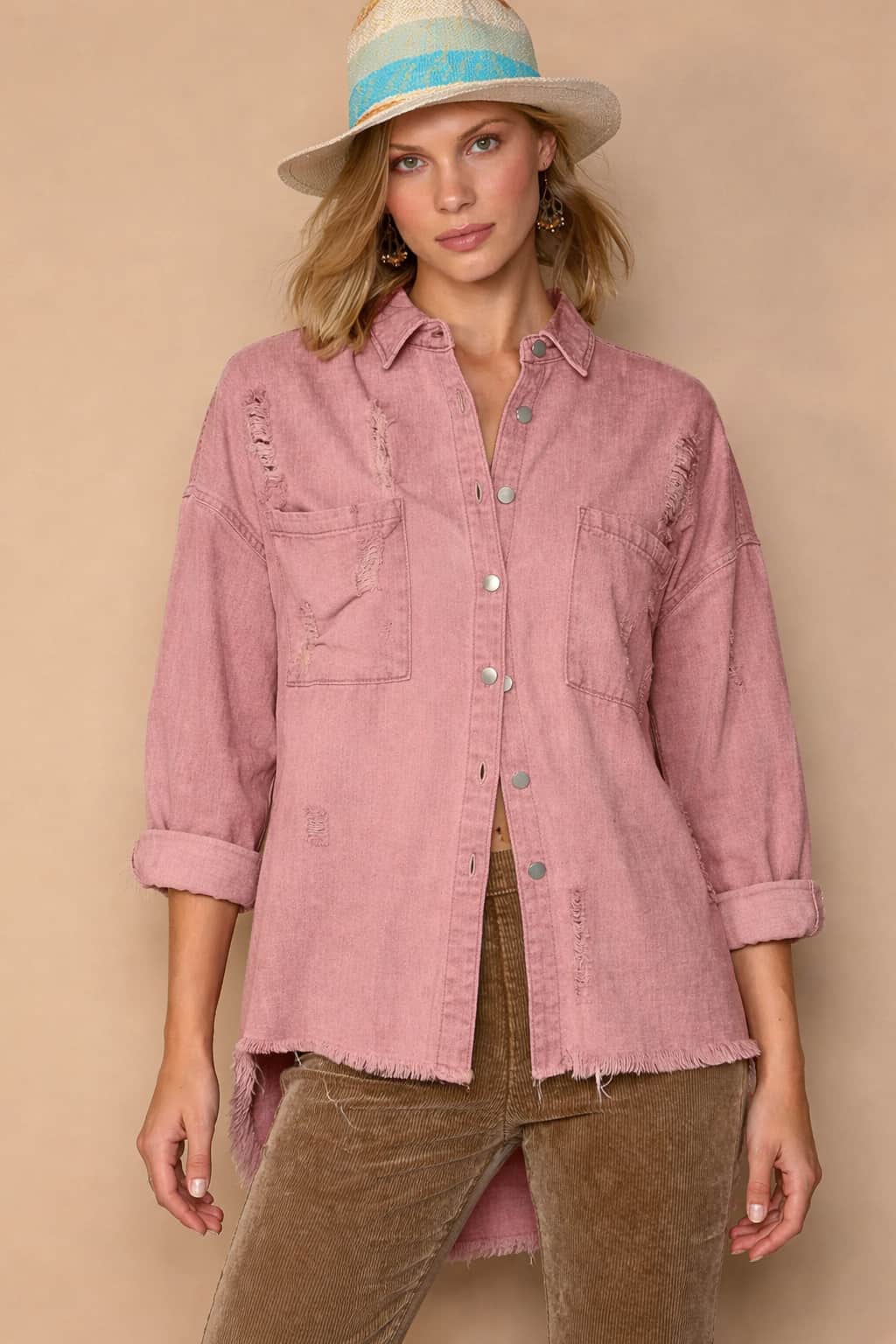 POL Button Down Raw Hem Distressed Shacket