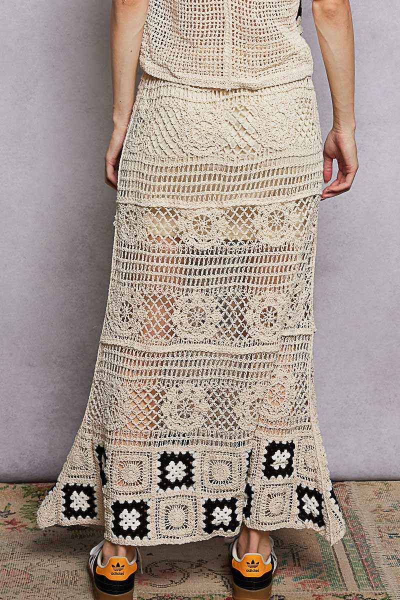 POL Floral Crochet Ruffled Waistband Maxi Skirt with Granny Square Weave