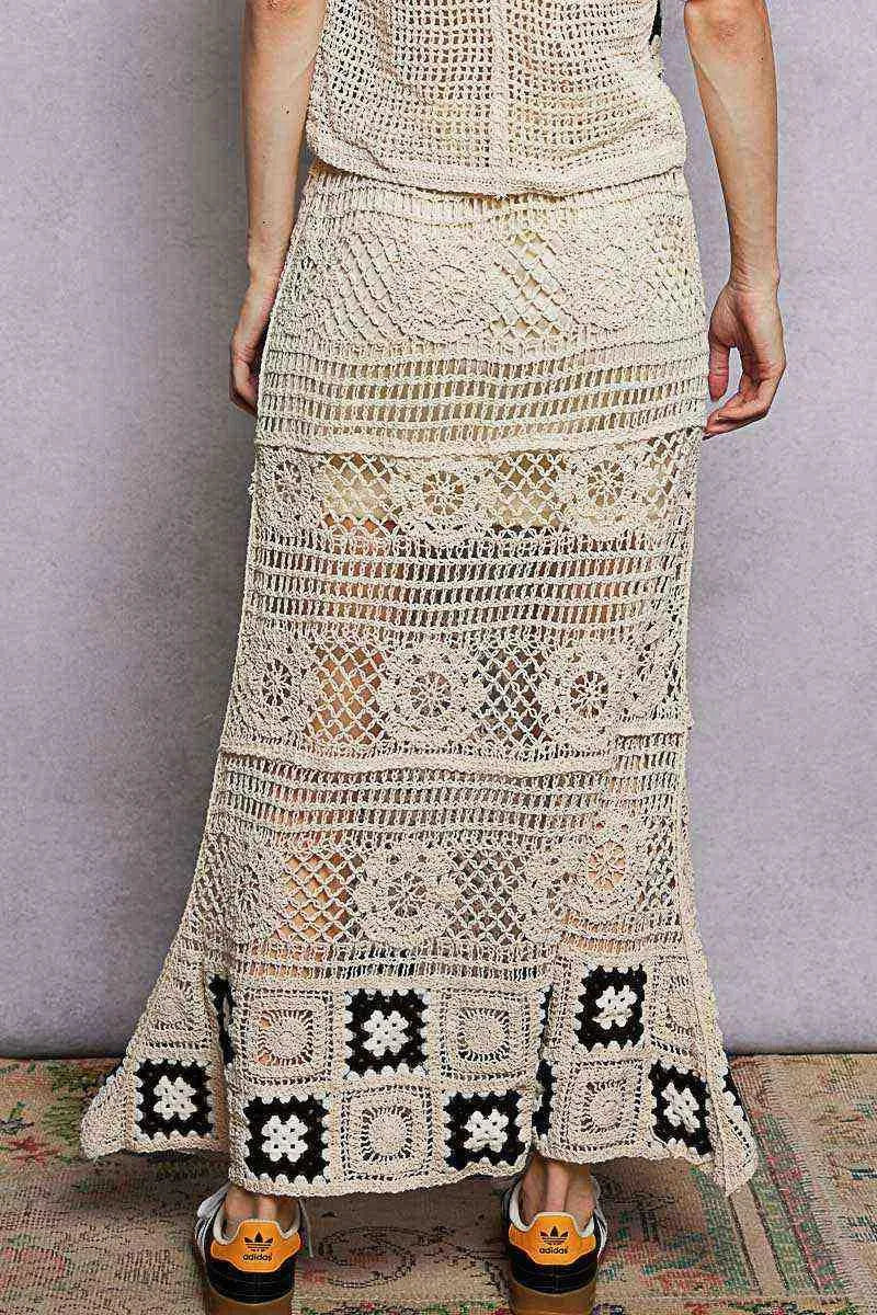 POL Floral Crochet Ruffled Waistband Maxi Skirt with Granny Square Weave