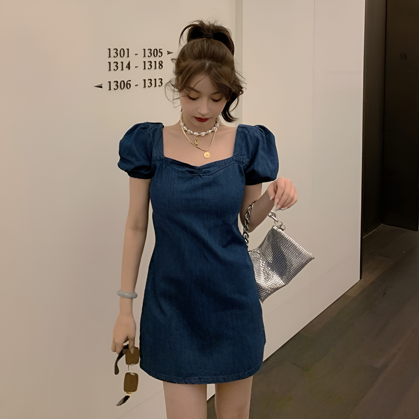 Revery Denim Charm Puff Sleeve Mini Dress