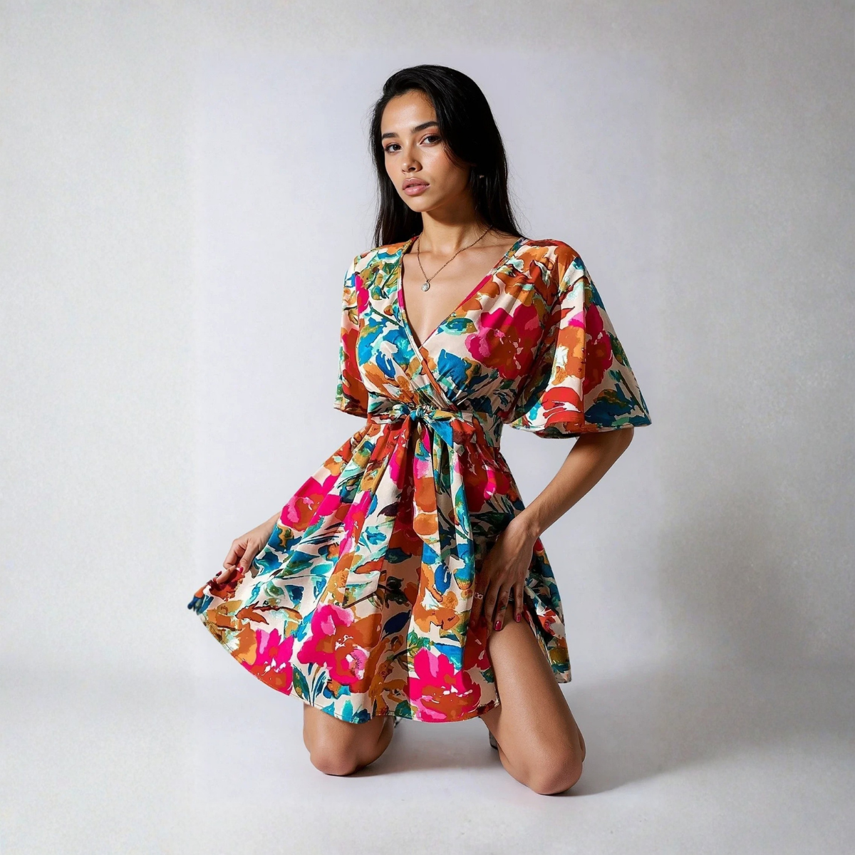 Vacation Primrose Painted-Florals Wrap Mini Dress